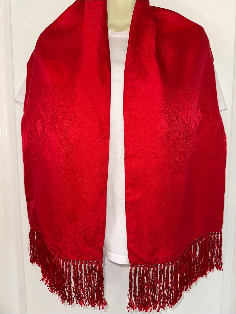 Basha‎ Scarves Red Jacquard Fringe Silk Shawl Wrap